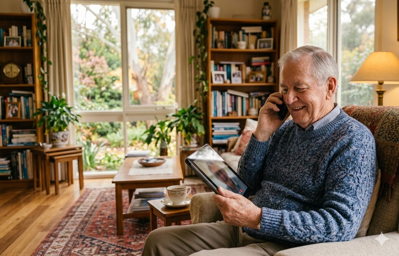 elderly Australian receiving AI home care support from CareCob